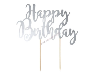 PartyDeco zápich na dort stříbrný Happy Birthday