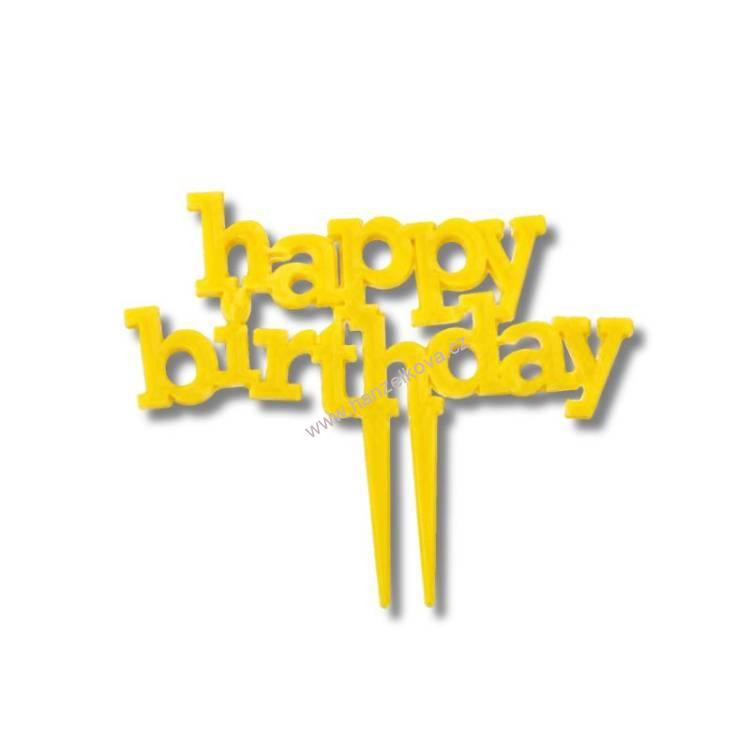Plastový zápich do dortu Happy Birthday žlutý