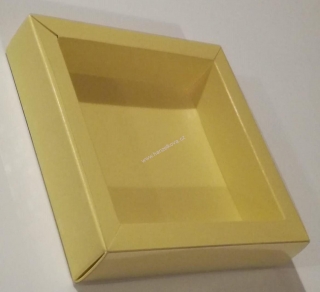 Krabička na pralinky papír+obal plast 120x120, v.32mm (žlutá s kruhy)